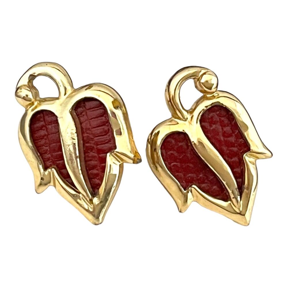 Vintage 1950s Leaf Earrings Red Resin Gold Tone Screw Back - 5K